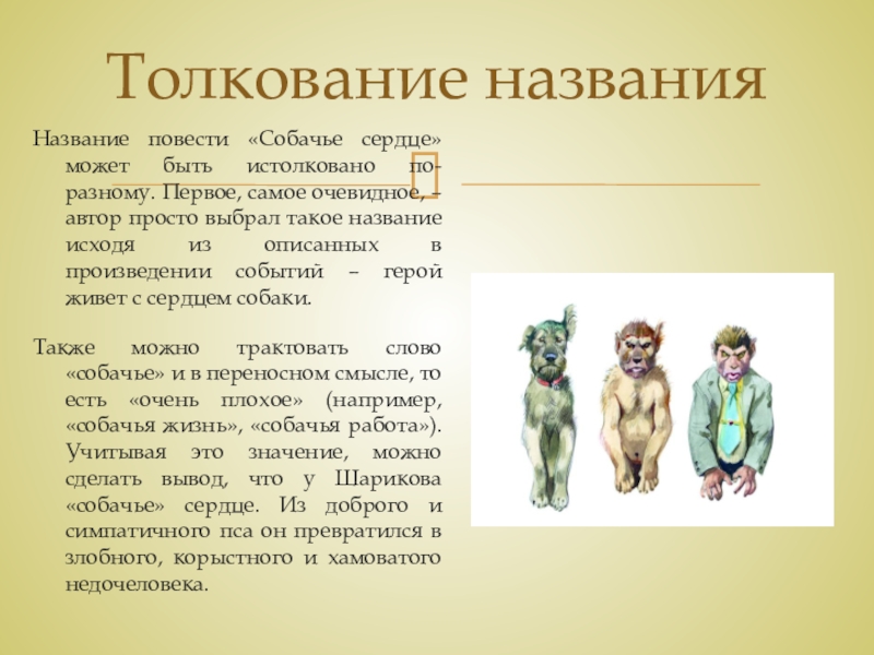Тема и идея рассказа М. А. Булгакова Собачье сердце Толкование названияНазвание повести «Собачье сердце» может быть истолковано по-разному. Первое, самое Толкование названияНазвание повести «Собачье сердце» может быть истолковано по-разному. Первое, самое очевидное, – автор просто выбрал такое