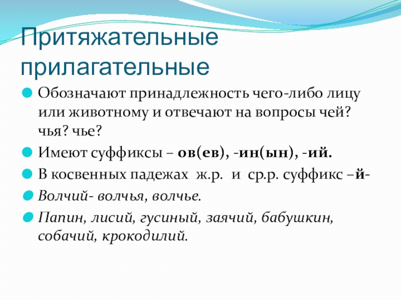 Обозначает принадлежность. Суффиксы притяжательных прилагательных. Притяжательный суффикс ов. Ь В притяжательных прилагательных. Суффиксы ов ев.