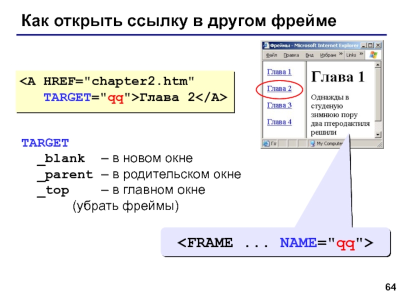 Web- страницы. Язык HTML Как открыть ссылку в другом фреймеГлава 2TARGET _blank 	– в новом Как открыть ссылку в другом фреймеГлава 2TARGET _blank  	– в новом окне  _parent 	– в
