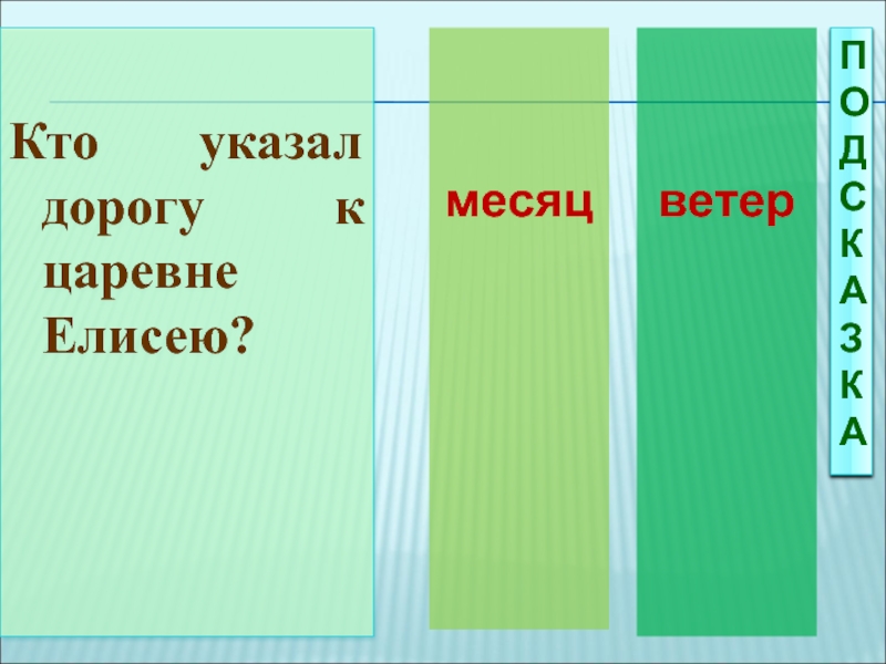 Кто указал дорогу к царевне Елисею? месяцветерПОДСКАЗКА