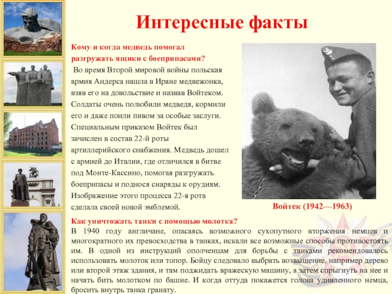 Кому и когда медведь помогалразгружать ящики с боеприпасами? Во время Второй мировой войны польскаяармия Андерса нашла в