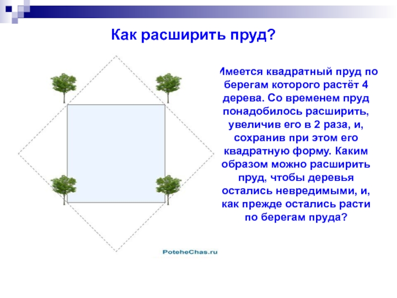 Существует квадрат. По углам квадратного пруда растут. Имеется квадратный пруд по углам которого растут четыре. Пруд квадратной формы по берегам которого растут четыре дерева. Квадратный пруд по берегам которого.