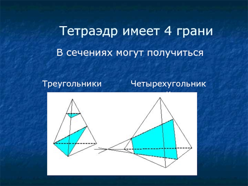 В сечениях могут получитьсяЧетырехугольники    ТреугольникиТетраэдр имеет 4 грани