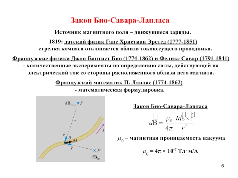 Закон Био-Савара-ЛапласаИсточник магнитного поля – движущиеся заряды.1819: датский физик Ганс Христиан Эрстед (1777-1851) – стрелка компаса отклоняется
