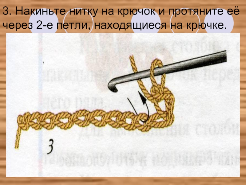 3. Накиньте нитку на крючок и протяните её через 2-е петли, находящиеся на крючке.