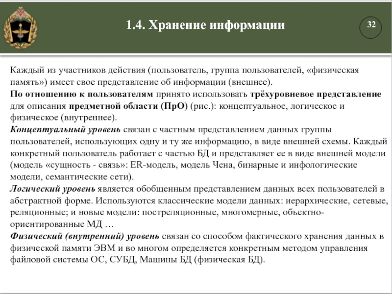 Каждый из участников действия (пользователь, группа пользователей, «физическая память») имеет свое представление об информации (внешнее).По отношению к