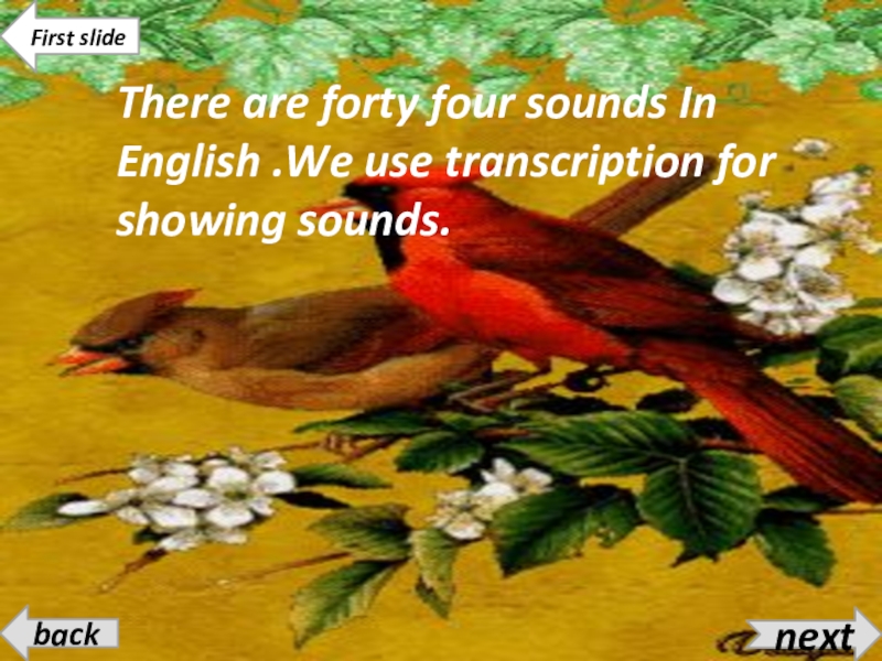 There are forty four sounds In English .We use transcription for showing sounds.nextbackFirst slide