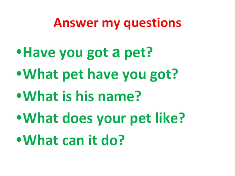 Answer my questionsHave you got а pet? What pet have you got? What is his name?What does