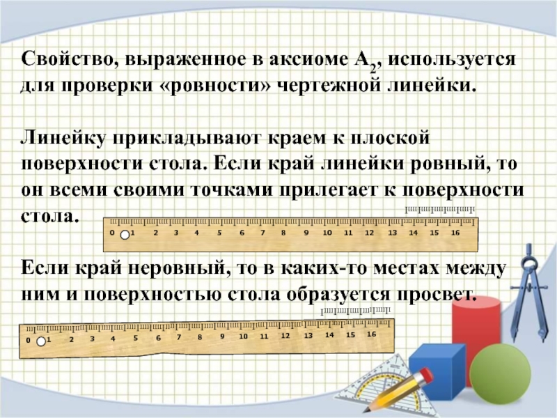 Цели линейки. Прикладываемая линейка. Свойство выраженное в аксиоме 2. Линейка для стереометрии. Аксиомы линейки.