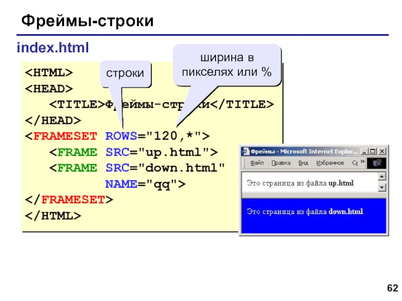 Web- страницы. Язык HTML Фреймы-строкиindex.html Фреймы-строки   строкиширина в пикселях или % Фреймы-строкиindex.html  Фреймы-строки    строкиширина в пикселях или %