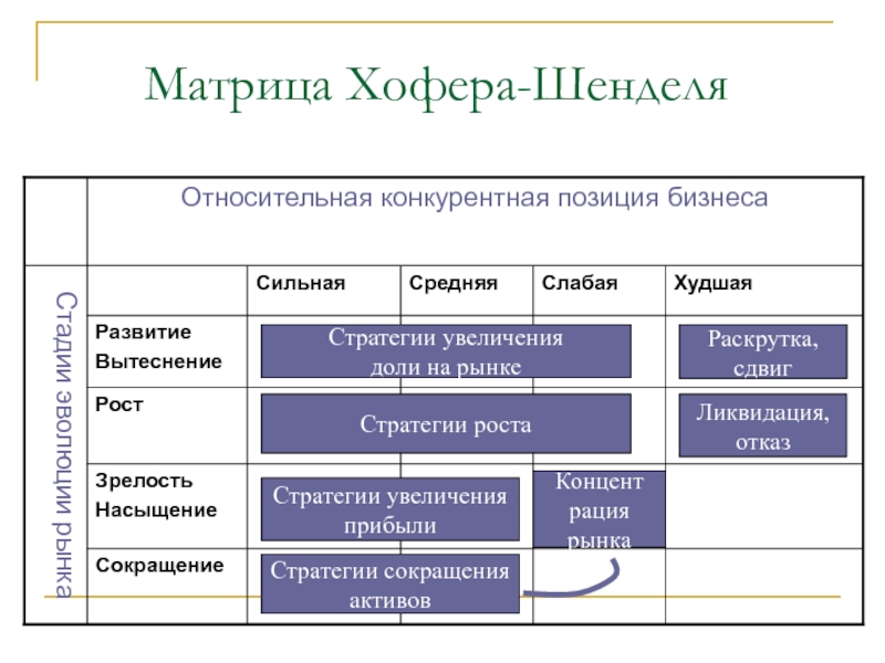 Конкурентная стратегия планирования. Матрица Хофера-Шенделя. Матрица Хофера-Шенделя пример. Анализ эволюции рынка: модель Hofer / Schendel. Матрица стадия развития рынка/конкурентная позиция.