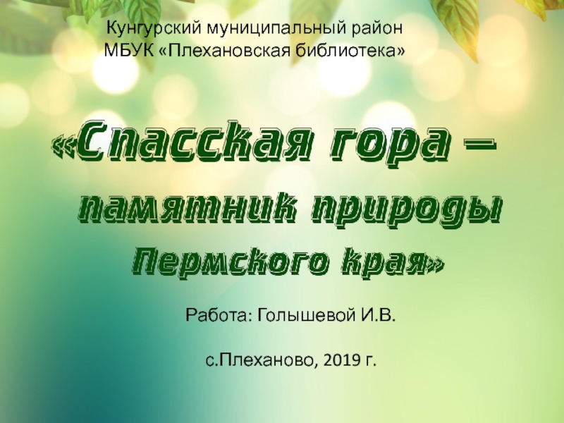 Кунгурский муниципальный район
МБУК Плехановская библиотека
Работа: Голышевой