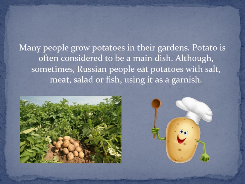 Many people grow potatoes in their gardens. Potato is often considered to be a main dish. Although,