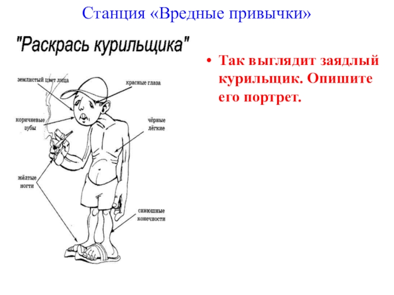 Заядлый это. Станция вредные привычки. Раскрась курильщика. Словесный портрет курильщика. Раскрасить курильщика.