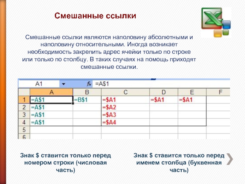 Смешанные ссылкиЗнак $ ставится только перед именем столбца (буквенная часть)Знак $ ставится только перед номером строки (числовая