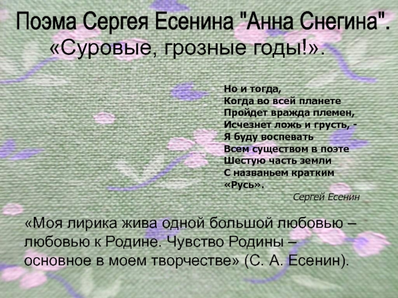 Поэма Сергея Есенина Анна Снегина Суровые, грозные годы! 11 класс