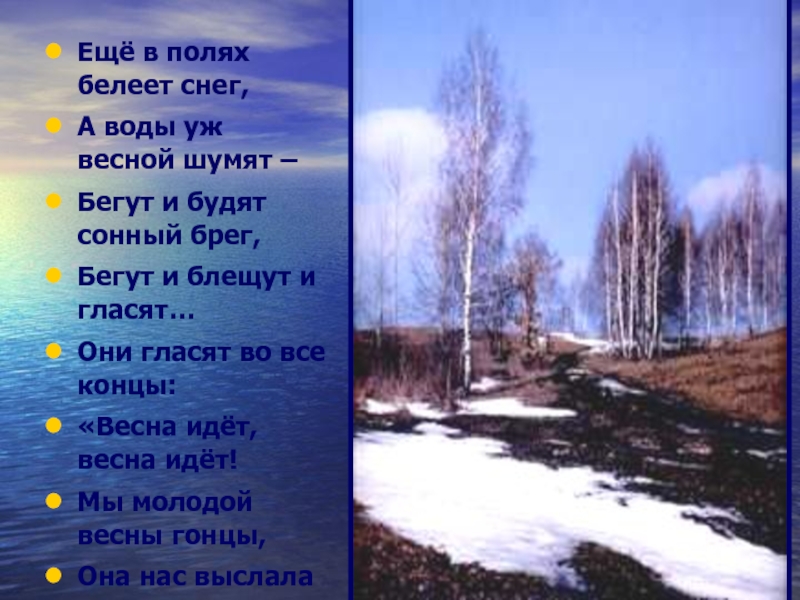 Уж весной шумят. Ещё в полях Белеет снег а воды уж весной шумят. Бегут и будят Сонный брег бегут и блещут и гласят. Ещё в полях Белеет. Ещё в полях Белеет снег а воды.