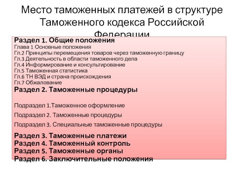 Презентация Место таможенных платежей в структуре Таможенного кодекса Российской Федерации
