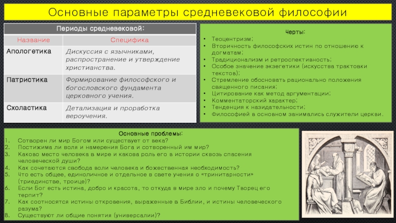 Основные черты средневековой философии. Экзегетика в средневековой философии. Основополагающие догматы средневековой философии. Диалектика в средние века. Основной догмат христианства философия.