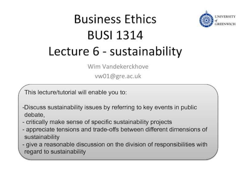 Business Ethics BUSI 1314 Lecture 6 - sustainability