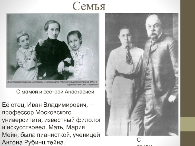 Семья С мамой и сестрой АнастасиейС отцомЕё отец, Иван Владимирович, — профессор Московского университета, известный филолог и