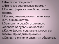 1.Что такое общество? 2.Что такое социальные нормы? 3.Какие сферы жизни