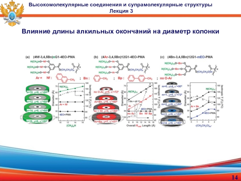 доцент, к.х.н. Малахова Юлия Николаевна
Лекция 3
Высокомолекулярные Влияние длины алкильных окончаний на диаметр колонки Высокомолекулярные соединения и супрамолекулярные структуры Лекция 3 Влияние длины алкильных окончаний на диаметр колонки Высокомолекулярные соединения и супрамолекулярные структуры Лекция 3