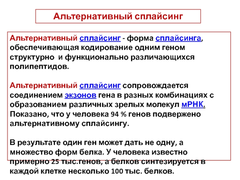 1 ген 1 полипептид. Альтернативный сплайсинг. Альтернативный ген. Один ген кодирует один полипептид. Один ген может кодировать несколько различных полипептидов.