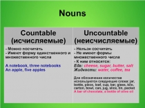 Nouns
Countable
(исчисляемые)
Uncountable
(неисчисляемые)
- Можно посчитать
-