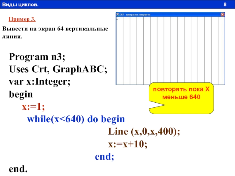 Program n 11. Вывести на экран 64 вертикальные линии.. Вывести на экран 64 вертикальные линии Паскаль. Program n_3. Программа n_14.