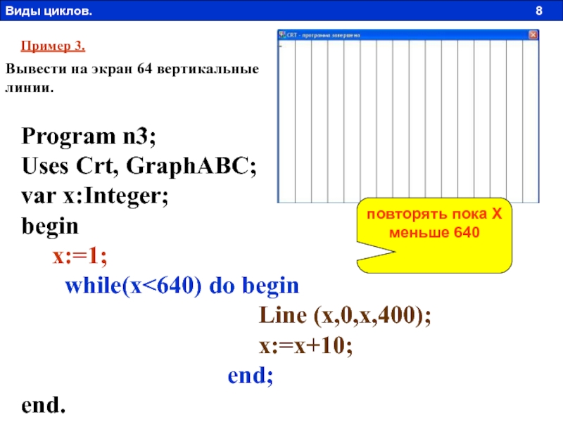 3 uses. Вывести на экран 64 вертикальные линии.. Вывести на экран 64 вертикальные линии Паскаль. Program n_3. Программа n_14.