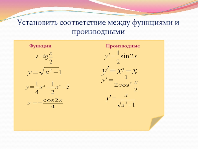 Каждой функции поставьте в соответствие ее производную. Соответствие между функциями и производными. Функция и ее производная. Соответствие между функцией и ее производной. Найти соответствие между функцией и её производной.