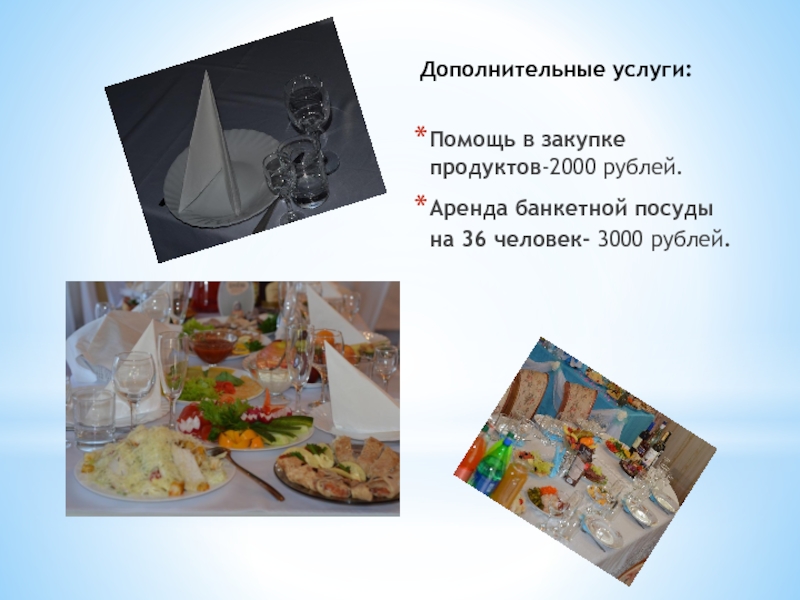 Дополнительные услуги:Помощь в закупке продуктов-2000 рублей.Аренда банкетной посуды на 36 человек- 3000 рублей.