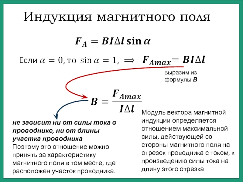 Индукция магнитного полявыразим из формулы ВМодуль вектора магнитной индукции определяется отношением максимальной силы, действующей со стороны магнитного