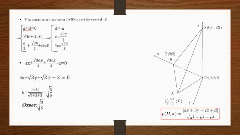 zOSABxy(1;0;0)(0;0;0)Уравнение плоскости (ABS): ax+by+cx+d=0