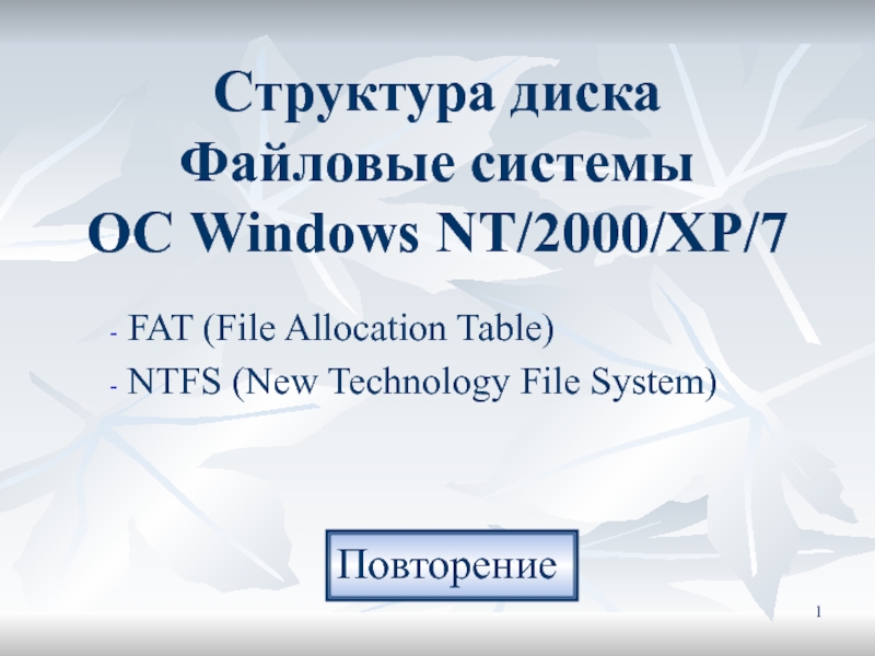 Структура диска Файловые системы ОС Windows NT/2000/XP/ 7