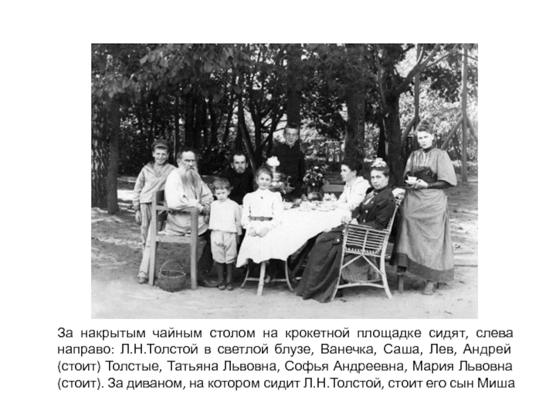 За накрытым чайным столом на крокетной площадке сидят, слева направо: Л.Н.Толстой в светлой блузе, Ванечка, Саша, Лев,