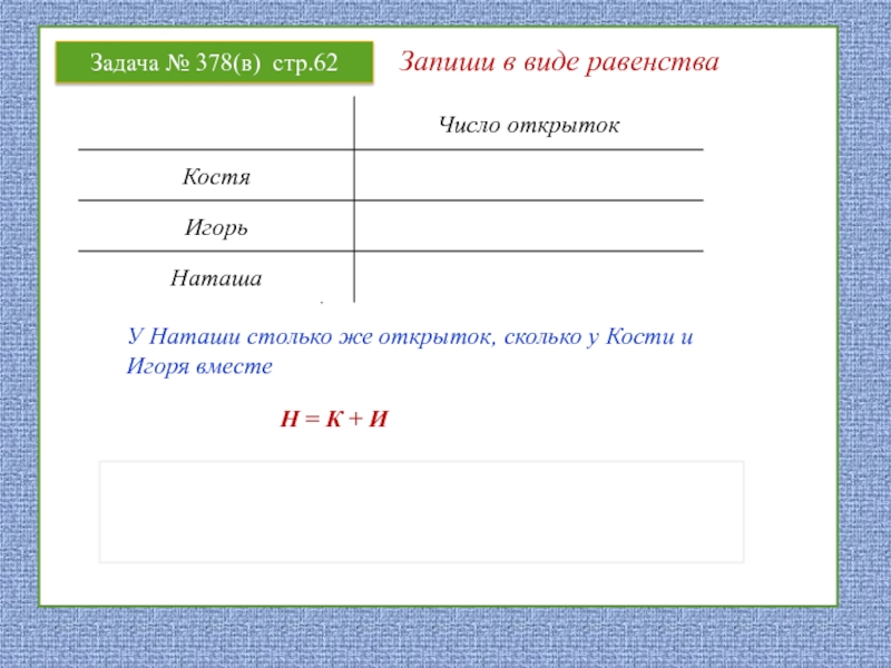 Вместе запишем. Запиши в виде равенства. У кости n открыток. У кости n открыток у Игоря на 8 открыток. Запишите в виде равенства у кости n открыток.