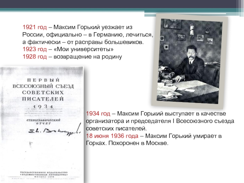 1934 год – Максим Горький выступает в качестве организатора и председателя I Всесоюзного съезда советских писателей.18 июня
