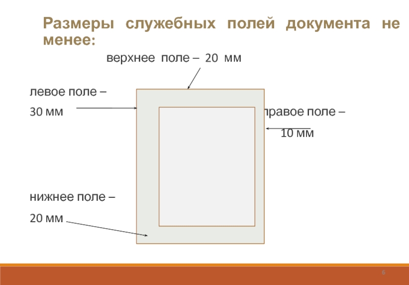 Размеры служебных полей документа не менее: 		       верхнее поле – 20