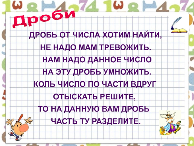 Хотеть число. Дробь от числа хотим найти. Дробь от числа хотим найти не. Дробь от числа. Стих чтоб найти дробь от числа не надо мам тревожить.