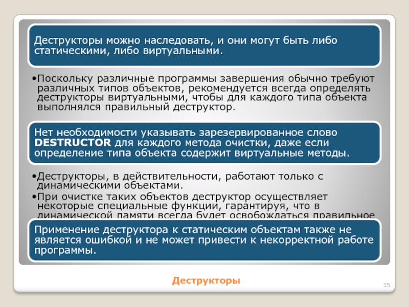 ДеструкторыДеструкторы можно наследовать, и они могут быть либо статическими, либо виртуальными.Поскольку различные программы завершения обычно требуют различных