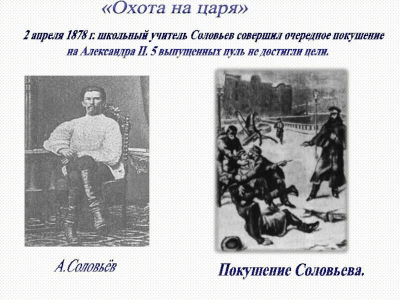 2 апреля 1878 г. школьный учитель Соловьев совершил очередное покушение на Александра II. 5 выпущенных пуль не