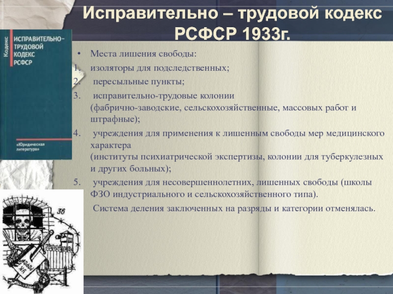 Исправительно – трудовой кодекс РСФСР 1933г.Места лишения свободы: изоляторы для подследственных; пересыльные пункты; исправительно-трудовые колонии (фабрично-заводские, сельскохозяйственные,