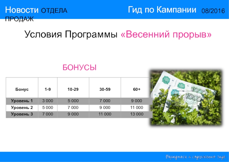 Номер гид. Прорыв отдела продаж. Ti компании для презинт. Шкала прогресса бонуса Bonus.