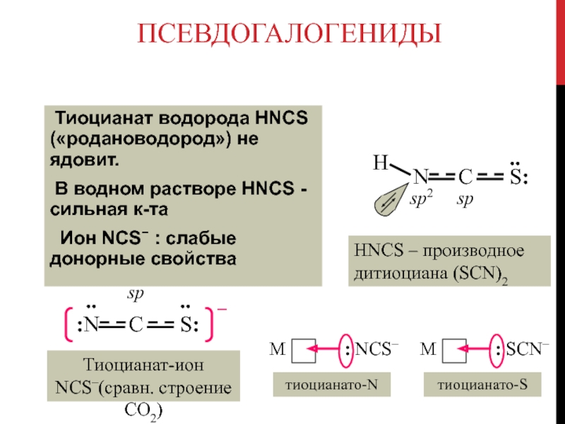 Псевдогалогениды Тиоцианат водорода HNCS («родановодород») не ядовит. В водном растворе HNCS - сильная к-та  Ион NCS