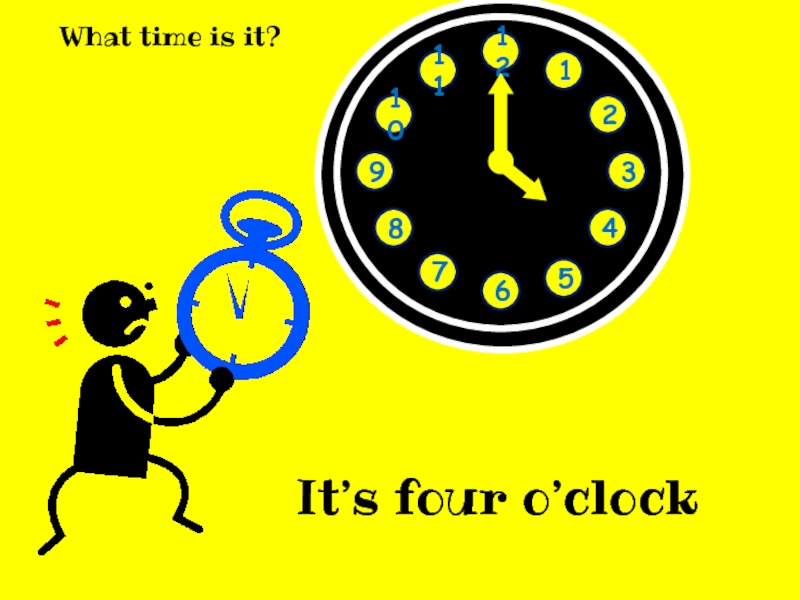 What time is it?
1
2
3
4
5
6
7
8
9
10
11
12
It’s four o’clock