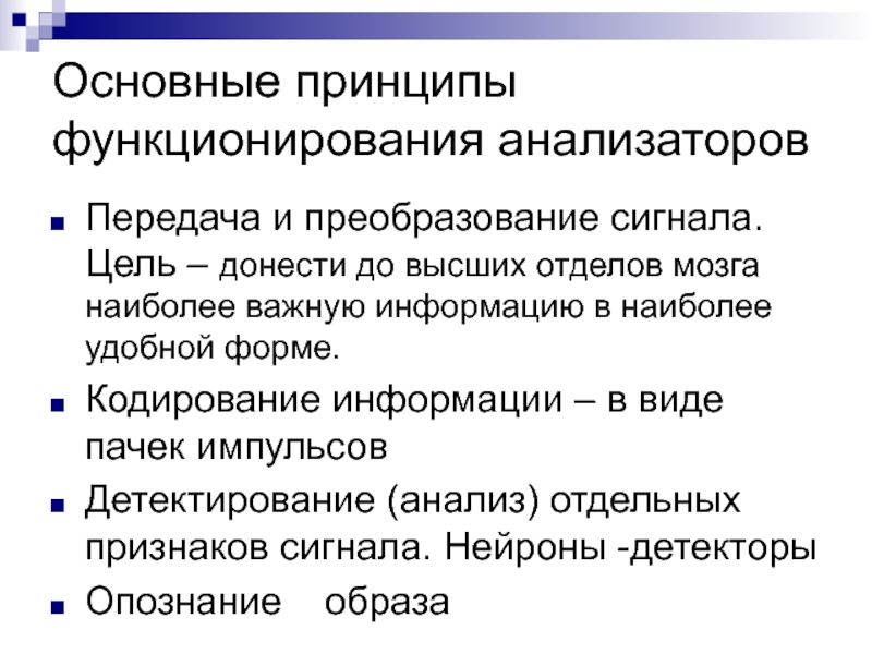 Принцип функционирования системы. Общие принципы строения и функционирования анализаторов. Общие принципы строения и функции анализаторов.. Кодирование в анализаторах. Основные принципы кодирования информации о системе анализаторов.