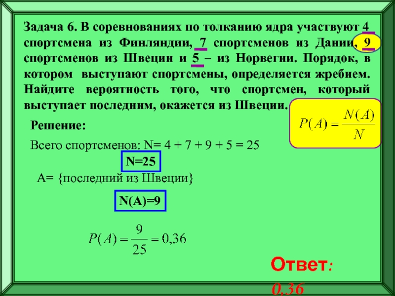 Подготовка к ЕГЭ
Решение задач по
теории вероятностей Задача 6. В соревнованиях по толканию ядра участвуют 4 спортсмена из Задача 6. В соревнованиях по толканию ядра участвуют 4 спортсмена из Финляндии, 7 спортсменов из Дании, 9