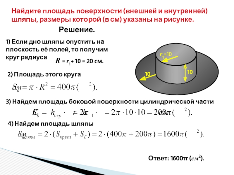Найдите площадь поверхности (внешней и внутренней) шляпы, размеры которой (в см) указаны на рисунке.1) Если дно шляпы